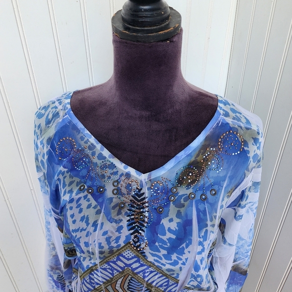 Daniel Benjamin Womens Sheer Tunic Top Smocked Beaded Boho Lightweight Blue Sz M - Picture 4 of 10